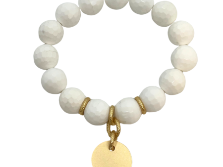 White Jade Stretch Bracelet with Matte Gold Disc Charm on Sale