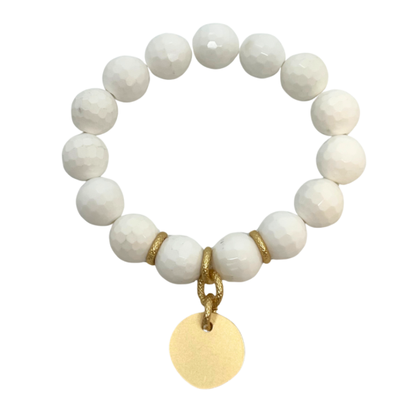 White Jade Stretch Bracelet with Matte Gold Disc Charm on Sale