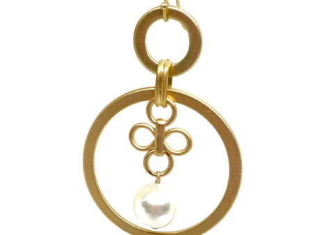 Matte Gold Hoop Earrings With Glass Pearl and Clover Charm Sale