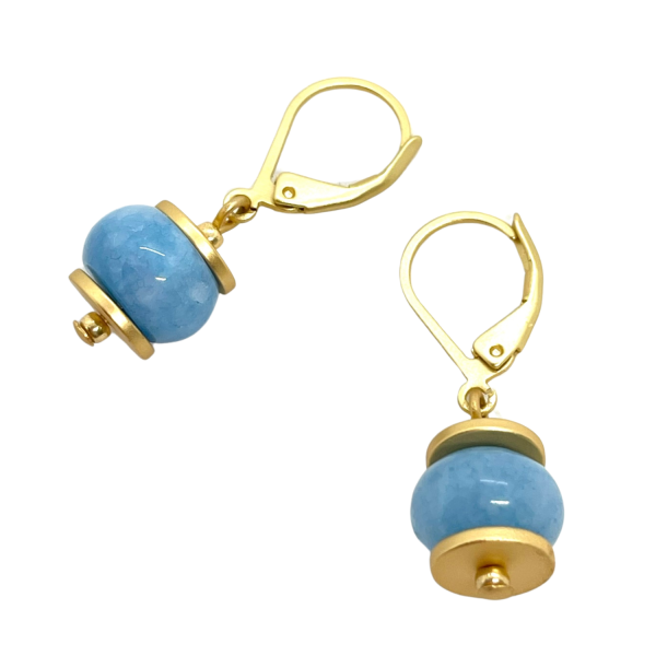 Blue Jade Rondelle Earrings With Matte Gold Saucer Accents Discount