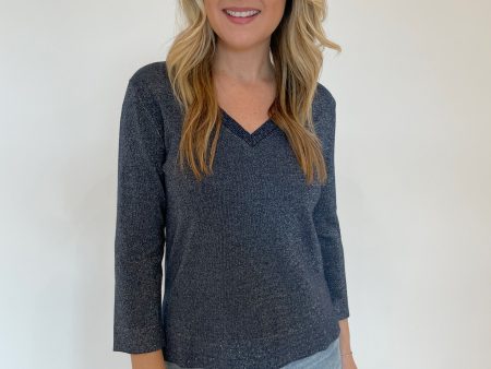 Heather 3 4 V-Neck Metallic Sweater - Navy on Sale