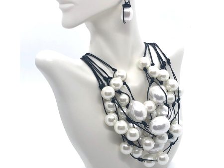 Cotton And Glass Pearl Multi Strand Necklace With Mother Of Pearl Black Wire Wrapped Earring Fashion