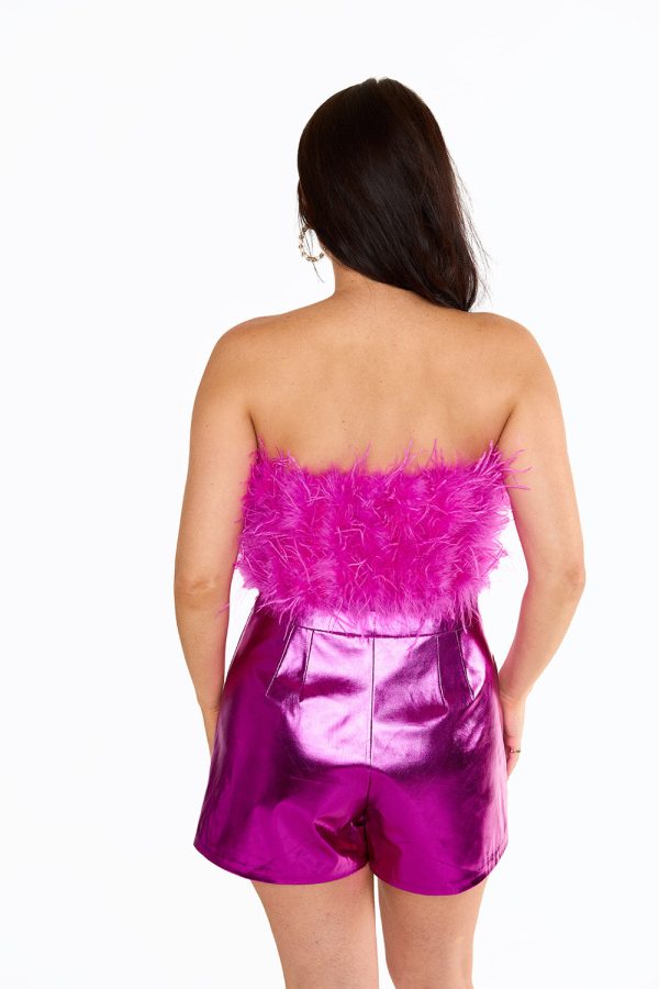 Fancy Strapless Feather Crop Top - Magenta Online