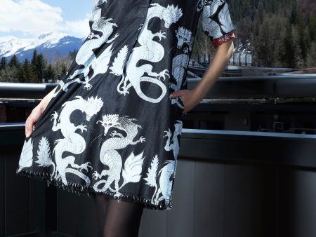 Chatham Dress - Black Denim With White Dragon Print on Sale