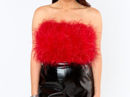 Fancy Strapless Feather Crop Top - Crimson Discount