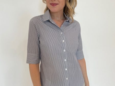 Salty Short Sleeve Stripe Button Down Shirt - Navy Discount