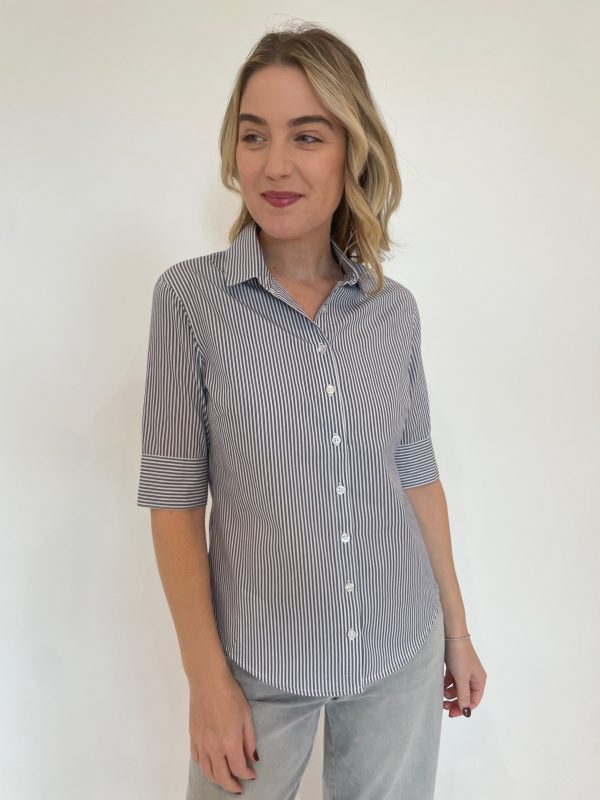 Salty Short Sleeve Stripe Button Down Shirt - Navy Discount