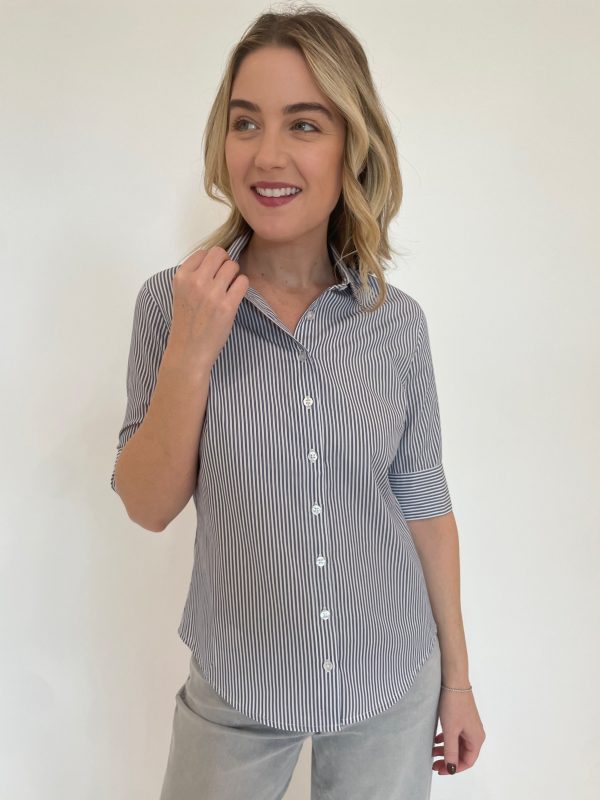 Salty Short Sleeve Stripe Button Down Shirt - Navy Discount