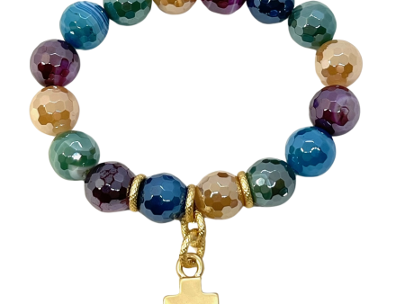 Multi Color Jasper Stretch Bracelet With Matte Gold Cross Charm Online now