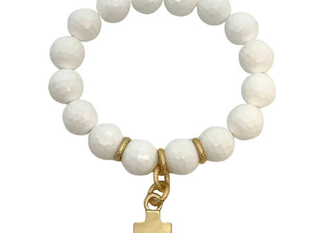 White Jade Stretch Bracelet With Matte Gold Cross Online Hot Sale