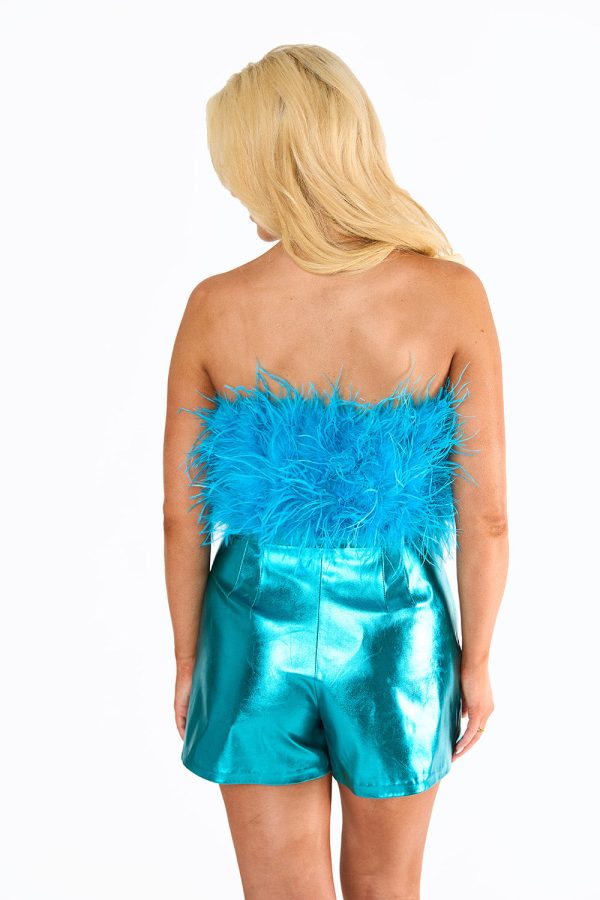 Fancy Strapless Feather Crop Top - Turquoise For Discount