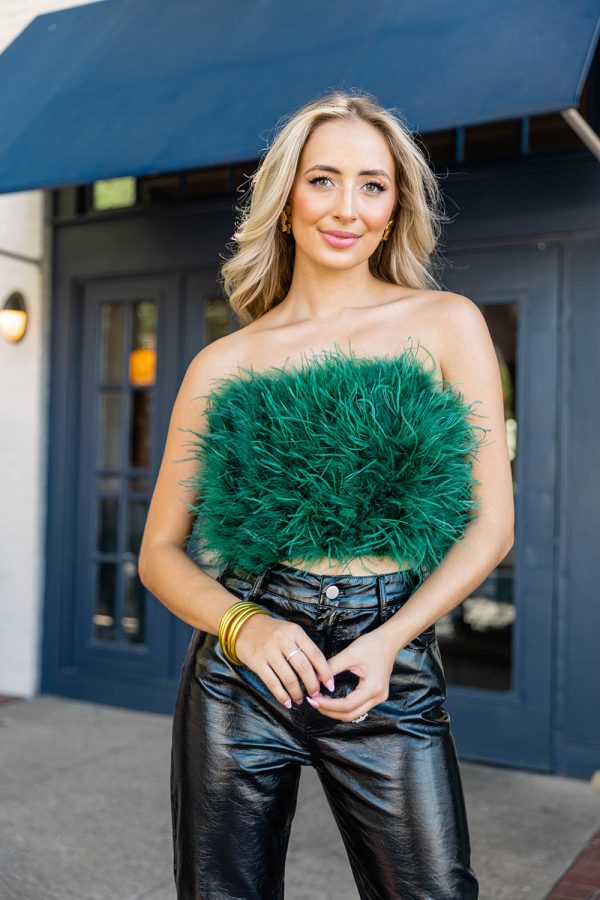 Fancy Strapless Feather Crop Top - Emerald For Discount