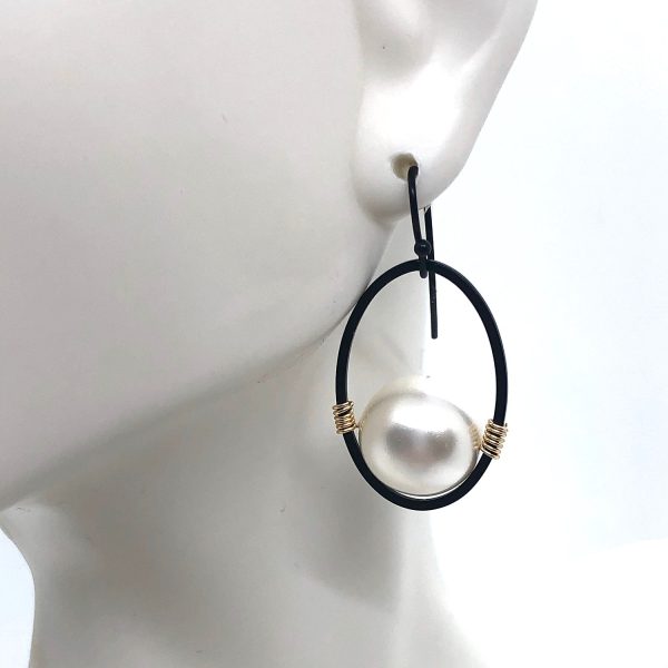 Pearl Oval Matte Black Wire Wrap Earrings For Discount