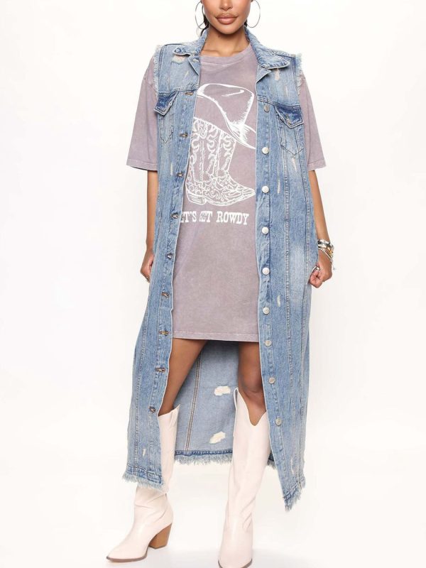 Sleeveless Long Denim Jacket For Discount