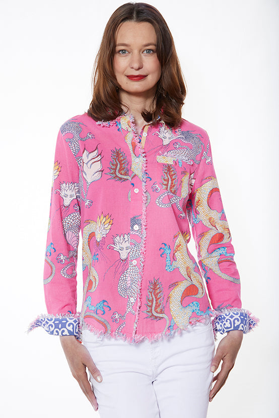 Cape Cod Frayed Shirt - Pink with Dragons on Sale