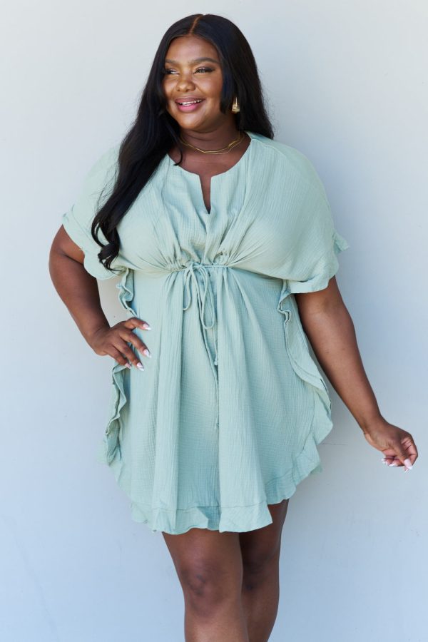 Ruffle Hem Dress with Drawstring Waistband in Light Sage Online Hot Sale