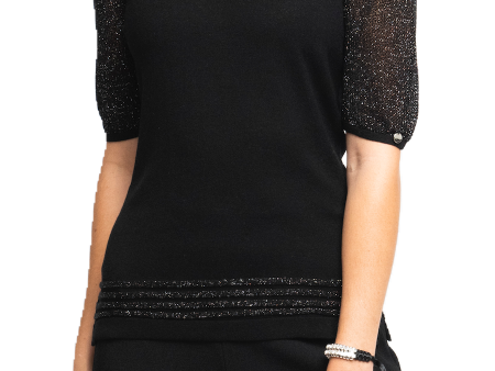 Bella Short Sleeved Top with See-Through Detail on Shoulders and Sleeves - Black Shimmer Online