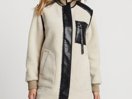 Audrey Faux Shearling Coat With Vegan Leather Trim & Side Zippers - Cream Cheap