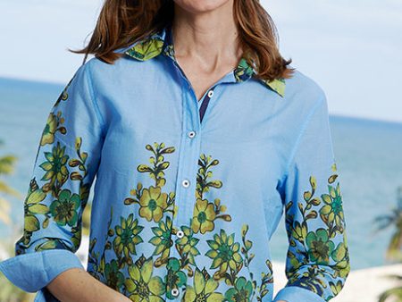 Rome 3 4 Sleeve Shirt - Light Blue And Leaves Cheap