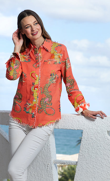 Cape Cod Frayed Shirt - Orange Dragon Print Sale