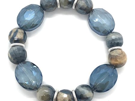 Labradorite Blue And Cream Glazed Agate With Oval Crystal Stretch Bracelet For Discount