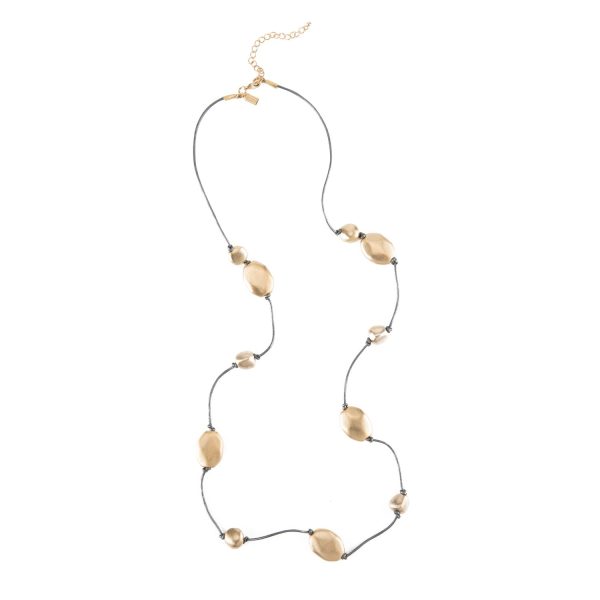 Matte Gold Bead on Platinum Leather Necklace For Cheap