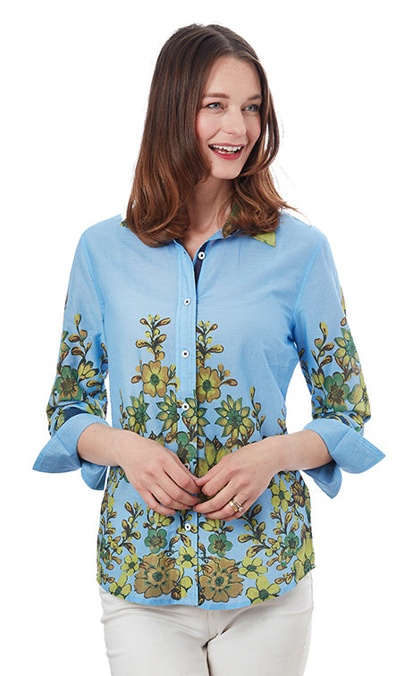 Rome 3 4 Sleeve Shirt - Light Blue And Leaves Cheap