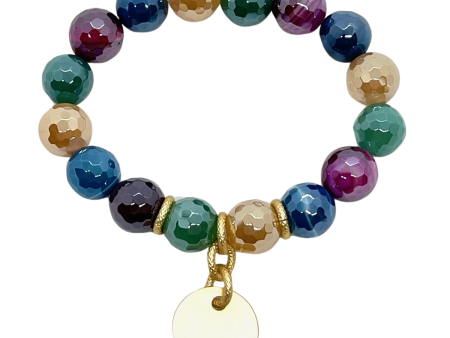 Multi Color Agate Stretch Bracelet With Matte Gold Charm Accent Supply