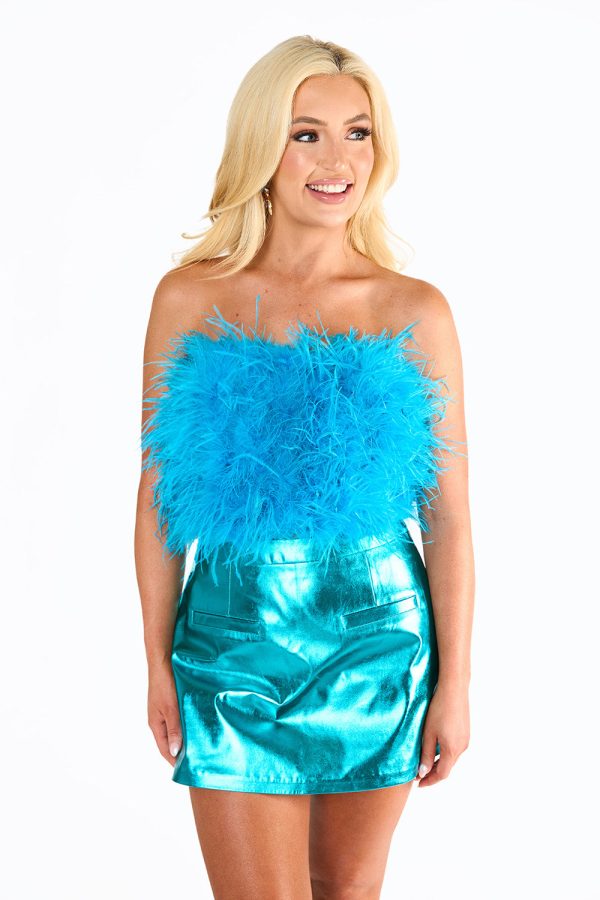 Fancy Strapless Feather Crop Top - Turquoise For Discount