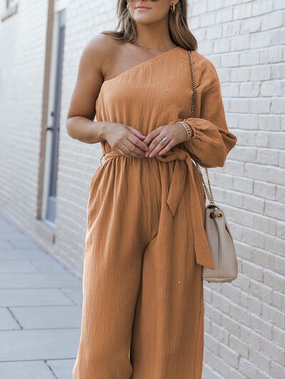 Texture Single Shoulder Tie-Waist Jumpsuit For Discount