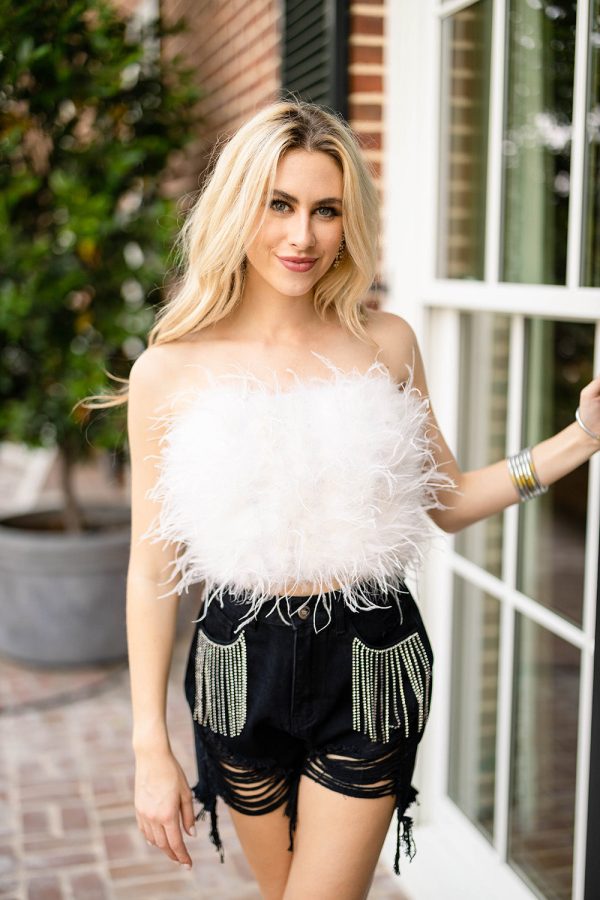 Fancy Strapless Feather Crop Top - White Supply