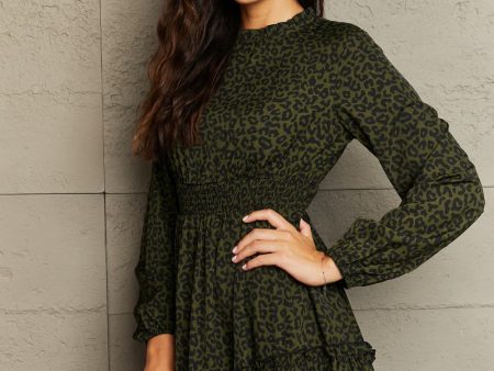 Leopard Smock Waist Long Sleeve Dress Online now