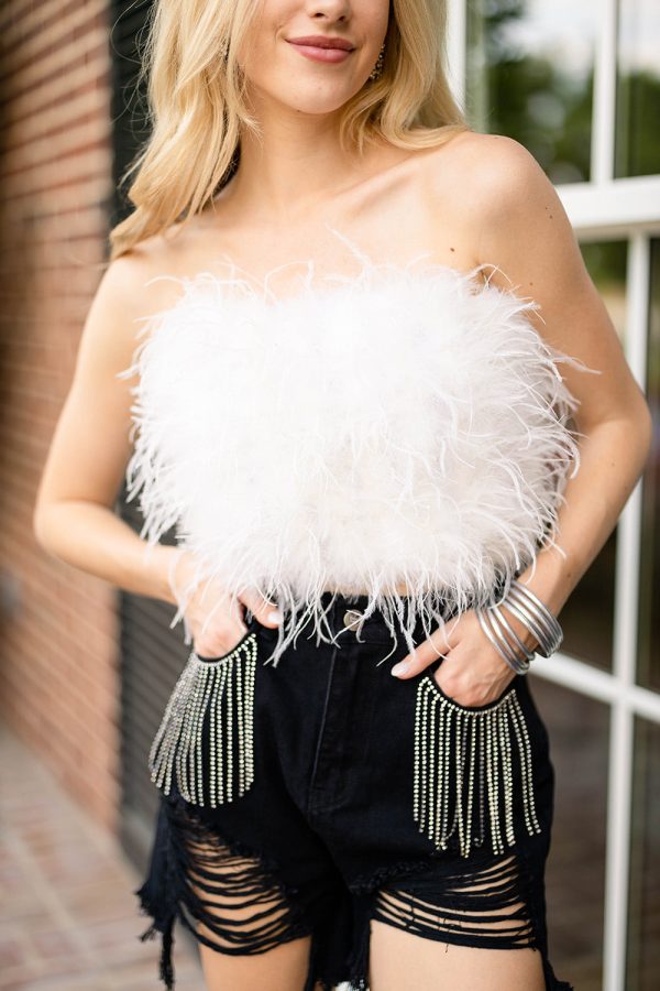 Fancy Strapless Feather Crop Top - White Supply